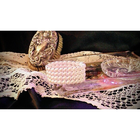 Sterling Four Strand Genuine Pearl 4 Rows Signed AOfG Stretch Bracelet - Picture 6 of 6